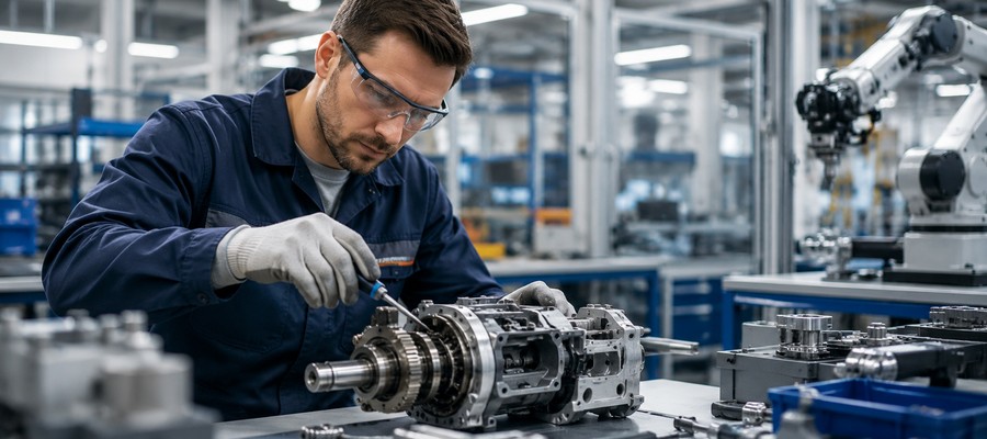 Engineering and manufacturing technician working on precision machinery