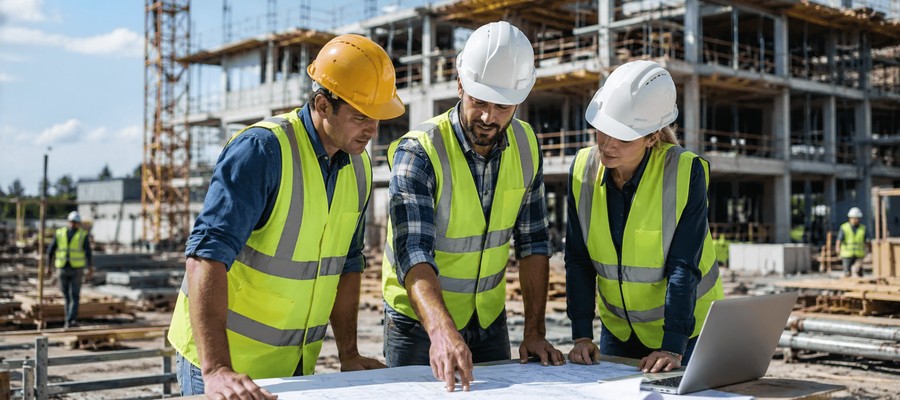 Construction team reviewing plans on an active building site