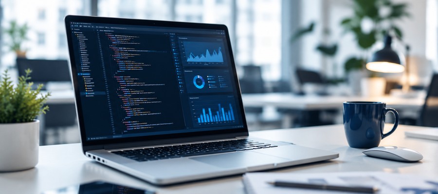 IT and digital training workspace with software development laptop