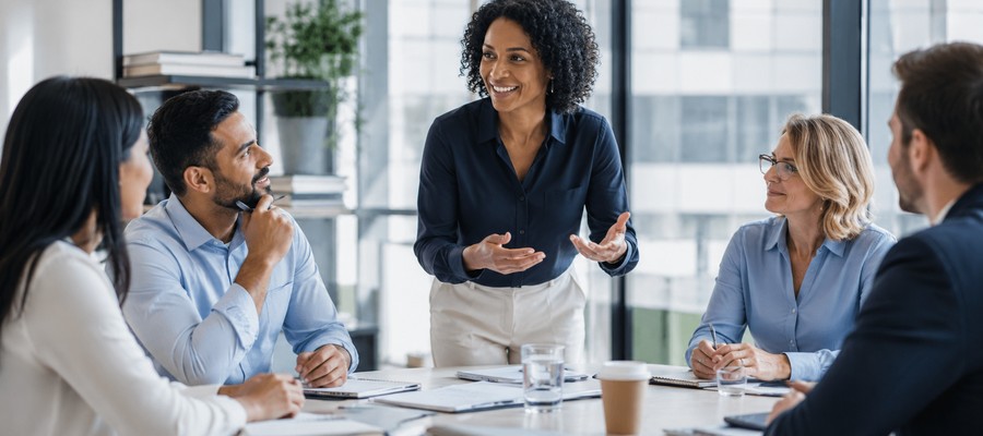 Leadership and management training discussion in a professional meeting