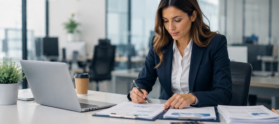 Business administration professional reviewing documents and reports