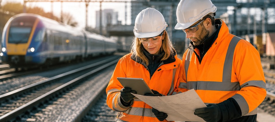 Rail professionals reviewing track plans beside a railway